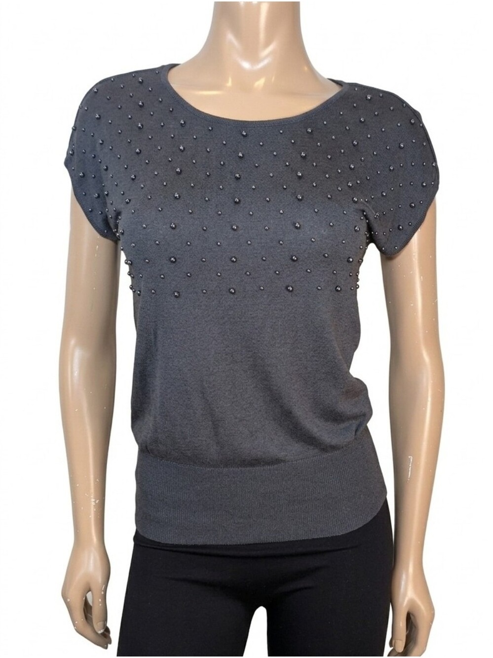 H&M Pearl Beaded Knit Top Viscose Silk Blend Charcoal Gray Womens Size XS Dolman